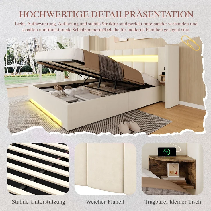 LVHOM Polsterbett 160x200 mit Seitenschränke, Bettgestell mit USB & LED und Stauraum sowie Hydraulik, Doppelbett aus Samt, Funktionbett, Beige – Bild 6