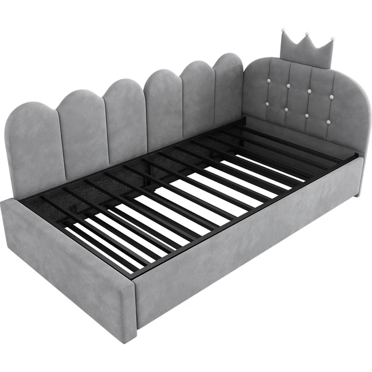 Merax Einzelbett 90x200 cm, Kinderbett, Polsterbett mit 90x190 cm Ausziehbett, Niedliches Kronen- und Gitterdesign, Samt, Grau – Bild 8