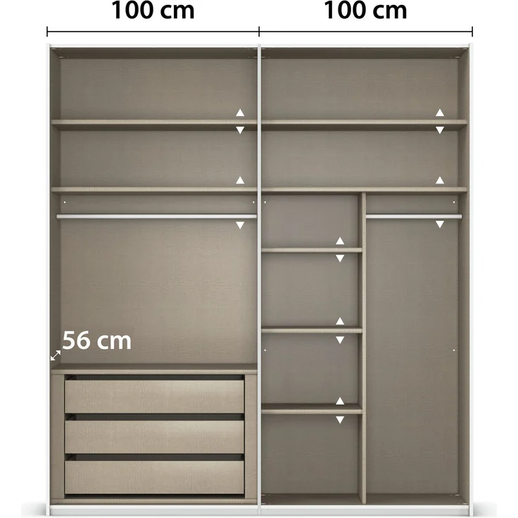 rauch Montclar Kleiderschrank 4-türig, mit 7 Einlegeböden, 2 Kleiderstangen, 1 Schubkasteneinsatz, 1 Inneneinteilung, 1 Innenspiegel, Farbe Weiß, BxHxT 201x223x60 cm – Bild 6