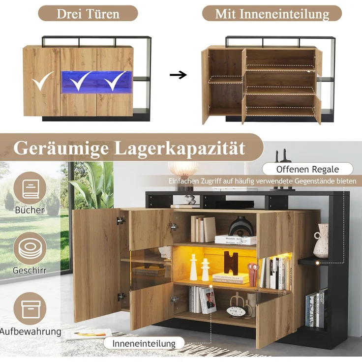 DESVIAE Sideboard mit LED-Beleuchtung 140x94x44 cm aus MDF und Acryl, Holzfarbe mit schwarzem Rahmen – Bild 5