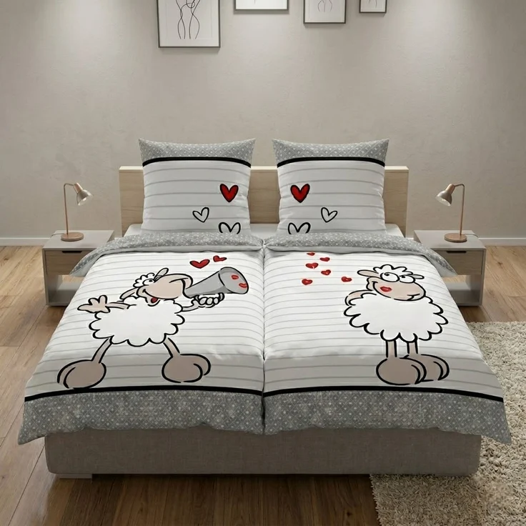 Partnerbettwäsche mit Reißverschluss 135x200 cm + 80x80 cm - 4-teilig mit Schaf & Herz Motiv – Bild 3