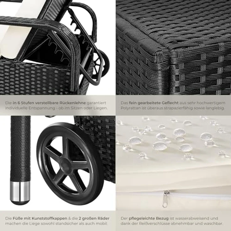 tectake Poly Rattan Gartenliege mit Rollen, 6-Fach höhenverstellbarer Liegestuhl, bis 120kg belastbar, Sonnenliege Rattan (wetterfest), Liege inkl. Polster und Kissen - schwarz/beige – Bild 7