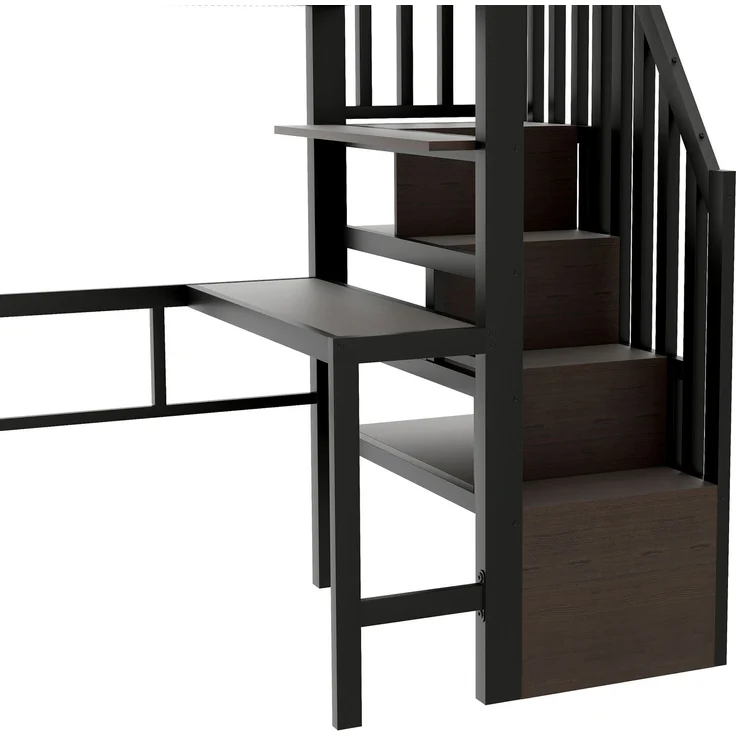 EINHOM Hochbett, 90 x 200 cm, Eisenrahmen, mit Schreibtisch, Ablagefach, LED-Lichtleiste, Treppenkonstruktionen mit Stauraum, Schwarz (Ohne Matratze) – Bild 6