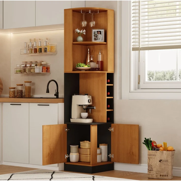 Eck-Weinschrank aus MDF mit Weinglasregal und 4 Weinfächern, 40x40x182 cm, Natur – Bild 7
