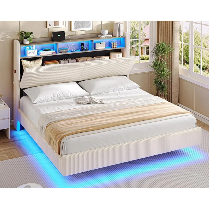 MSMASK Polsterbett Schwebebett mit 270°-LED-Beleuchtung, USB & Type-C Ladestation (Ohne Matratze), Doppelbett mit Stauraum-Kopfteil 180x200 cm – Bild 1