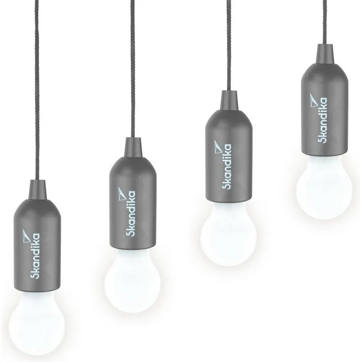 Skandika LED Gartenleuchte Campinglampe Narvik 4er-Set, hängend, tragbare Zeltlampe, Pull Light, batteriebetriebene Glühbirne mit Zugschalter, Outdoor, Keller, Garage