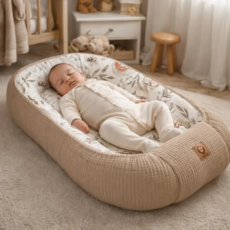 Babynestchen Neugeborene – Nestchen Baby aus Waffel Baumwolle & Baumwollstoff – Babynest für Babybett & Kinderbett – Baby Kokon Tragbar – OEKO-TEX – Zubehör für Babybett - Schlafende Tiere und Braun – Bild 2