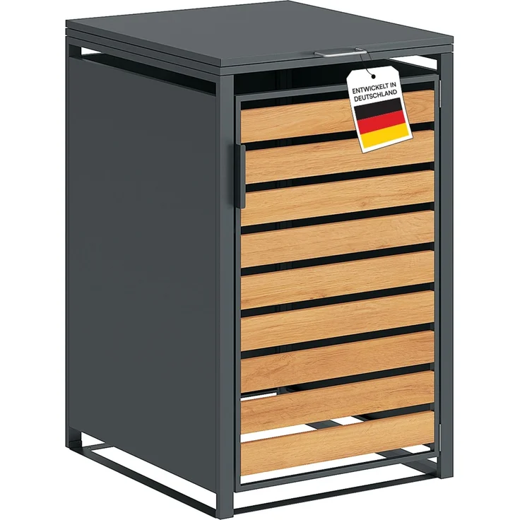STEELSØN 'Kestra' Mülltonnenbox 1er 240 Liter, anthrazit mit Holzoptik, Mülltonnenverkleidung aus Stahl, wetterfest, 116x80x69 cm, Müllbox für 1 Tonne – Bild 1