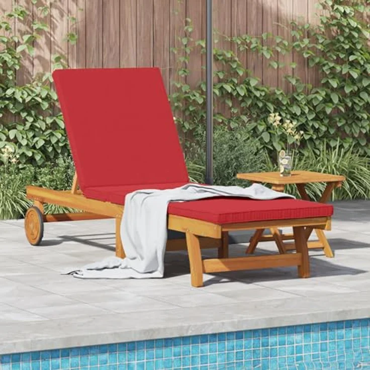 vidaXL Sonnenliege mit Rädern und Kissen, verstellbar aus massivem Akazienholz, rot – Bild 2