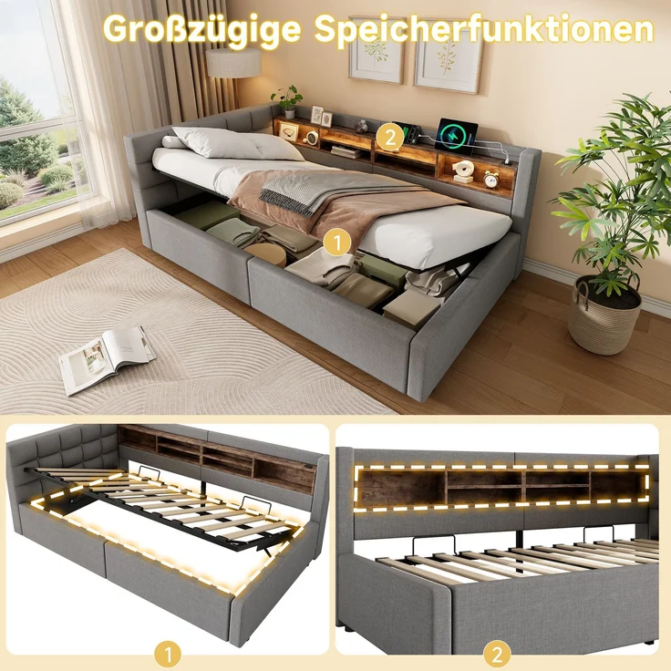 Daybett, Tagesbett, Schlafsofa,90x200cm, Ohne Matratze, Hydraulische Lagerung, mit dimmbarer LED-Leiste, mit praktischem Regal, mit USB-Anschluss, Grau – Bild 8