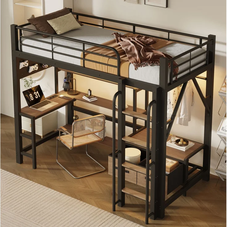 Hochbett 90x200 cm mit Schreibtisch, LED-Lichtleiste, USB-Anschluss und Stauraum, Schwarz – Ohne Matratze – Bild 3