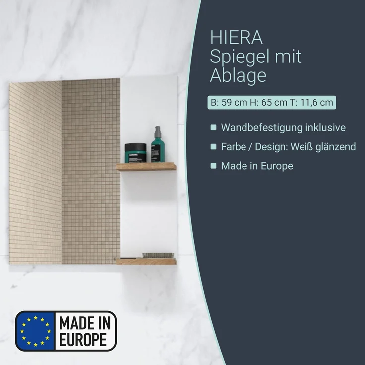 BADEDU HIERA Spiegel 59 cm breit, Weiß, zwei Ablagen – Bild 2