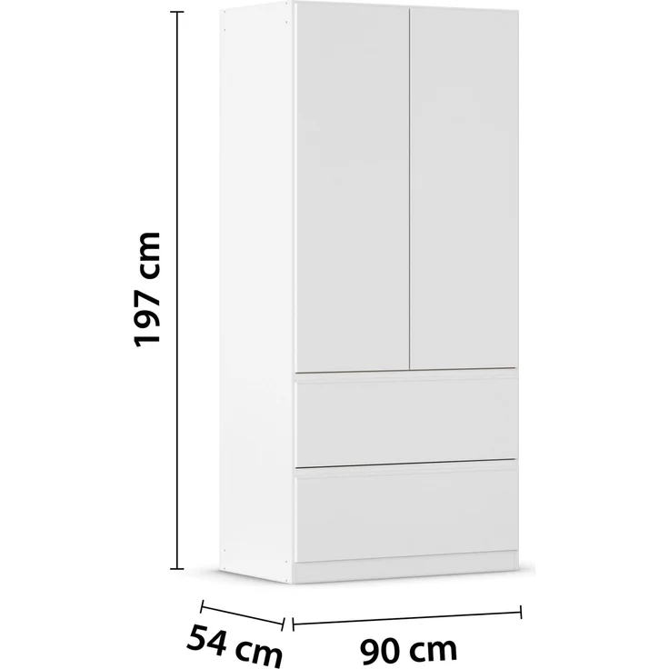 rauch Kleiderschrank, Drehtürenschrank COSTA, 2-türig, 2 Schubkästen, push-to-open, Alpinweiß, 91 x 197 x 54 cm – Bild 4