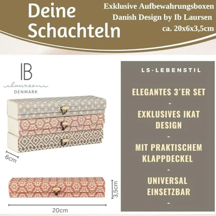 LS-LebenStil Aufbewahrungsbox Vintage Holz Schachtel 3´er Set Bambus mit Deckel Geschenkbox Box (Ikat länglich Geschenkbox schmale Schmuckschachtel, Schmuckschatulle, 3 St, Schmuckkästchen, Stiftebox, Federtasche Kästchen Kiste), Rechteckig – Bild 3