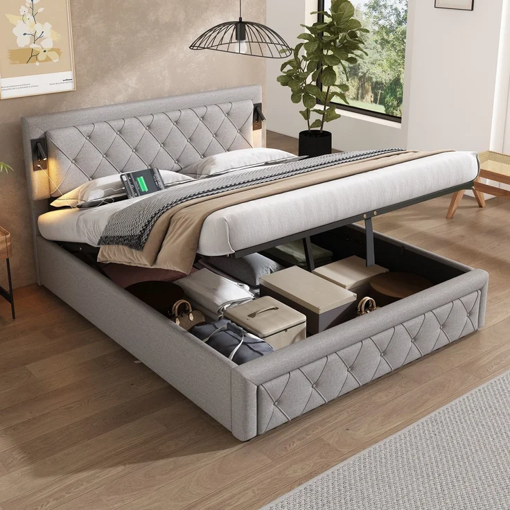 Polsterbett mit LED-Beleuchtung und Lattenrost, Kopfteil mit Spots, Type-C und USB Anschlüssen, 160x200 cm, gepolsterter Kopfteil, Doppelbett, Stauraumbett, Leinen – Bild 2