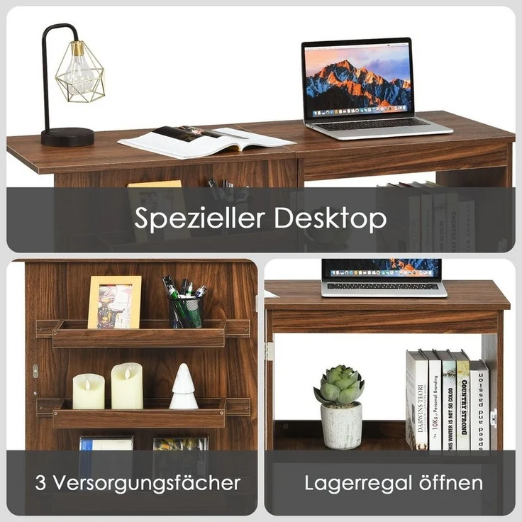 COSTWAY Regal-Schreibtisch, Nähschrank klappbar & rollbar, mit Stauraum, 118,5x40x79,5cm – Bild 3