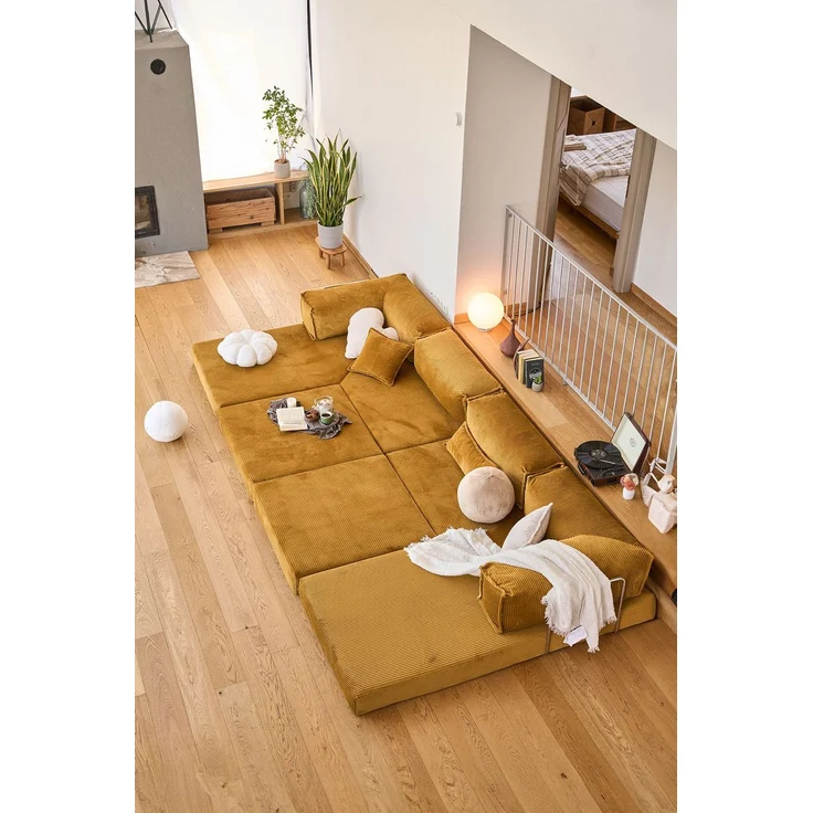 Ecksofa mit Schlaffunktion, 300 cm, Senfgelb | 100% Gerippter Plüschstoff, Abnehmbarer Bezug, 4 Kissen inklusive | Pfotenfreundlich & Stilvoll – Bild 10