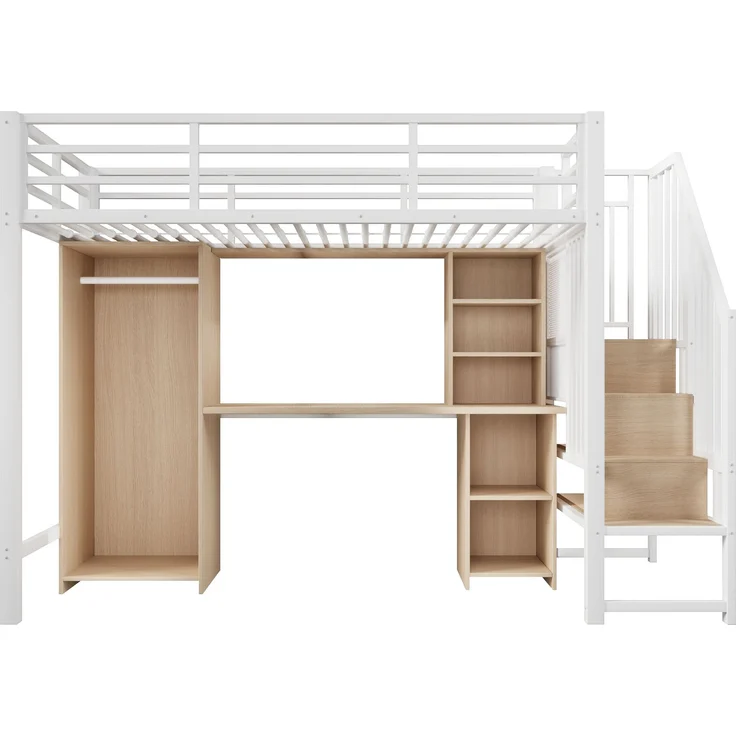 Metall-Hochbett 90×200cm mit integriertem Schreibtisch, Kleiderschrank & Stauraumtreppe, Stahl+E1-MDF, Weiß, ohne Lattenrost+Matratze, Gesamt L251,2 × T98 × H171 cm – Bild 7