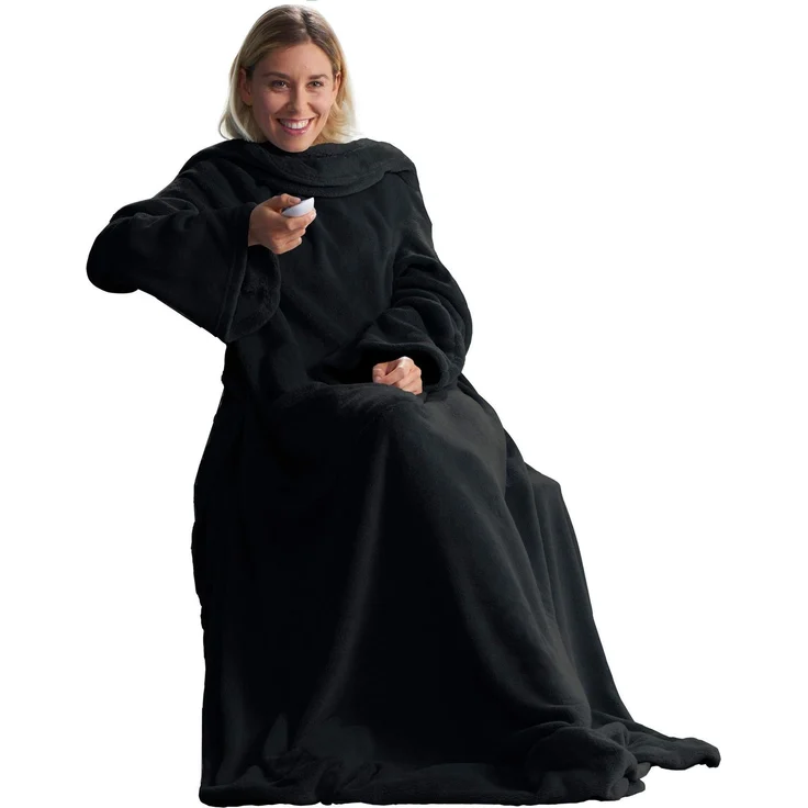 CelinaTex TV-Decke mit Ärmeln und Fußtasche Flauschige Kuscheldecke XL 170x200 cm schwarz Mikrofaser Fleece Soft Oeko-TEX