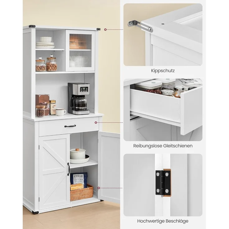 VASAGLE Sideboard mit Beleuchtung, Aufbewahrungsschrank, mit Türen und Schubladen, Küchenschrank, Kaffeebar, verstellbare Ablage, Landhausstil, wolkenweiß BBK363W21 – Bild 9