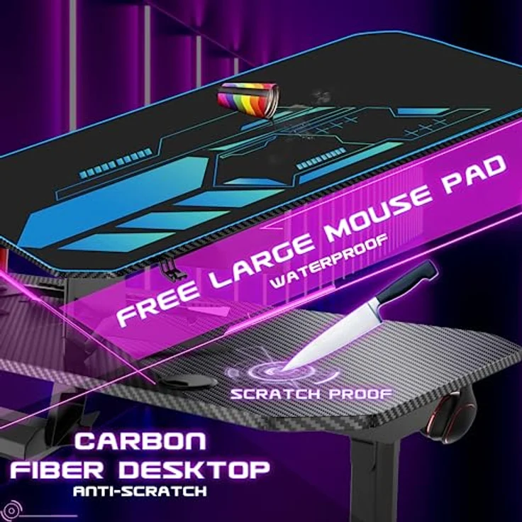 Himimi 160cm Gaming Schreibtisch, 160 x 75 x 75 cm Ergonomischer Trust Gaming Tisch, T-Form PC Gamer Computertisch mit großer pad, Becherhalter, Kopfhörerhaken, Kabelmanagement & Gaming Griffgestell – Bild 7