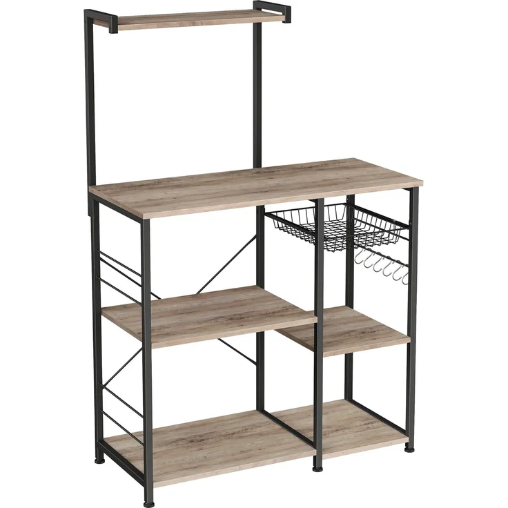 Vasagle Küchenregal, Standregal mit Metallkorb, Bäckerregal mit 6 S-Haken und Regalablagen, Mikrowellenregal, Gewürzregal, für Töpfe und Pfannen, Industrie-Design, Greige-schwarz von Songmics KKS035B02 – Bild 1