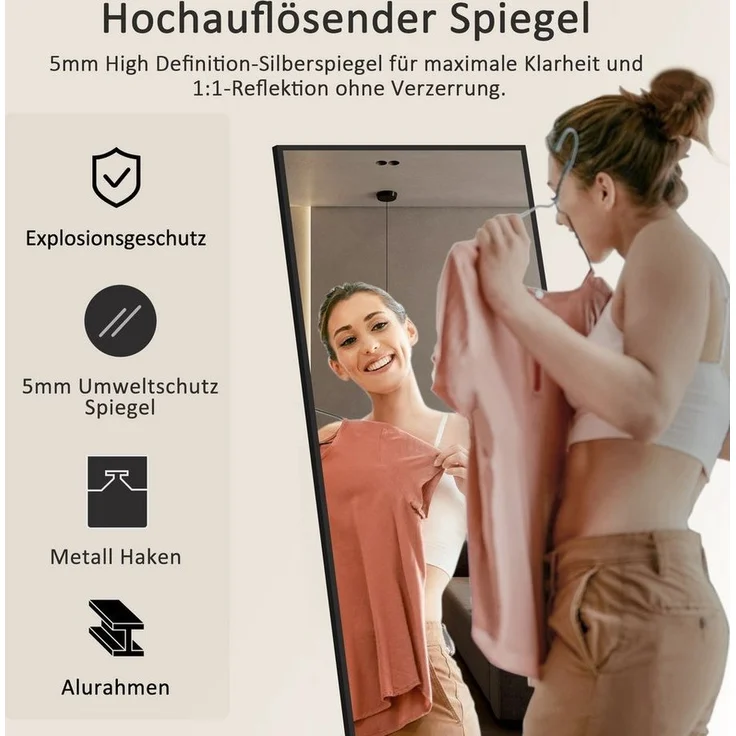 Hopibath Wandspiegel Ganzkörperspiegel Schwarz mit Metallrahmen Alu 150x50 160x40 140x40 (Spiegel groß eckig, mit Sicherheitsfolie), 4 Installationsmethoden – Bild 2