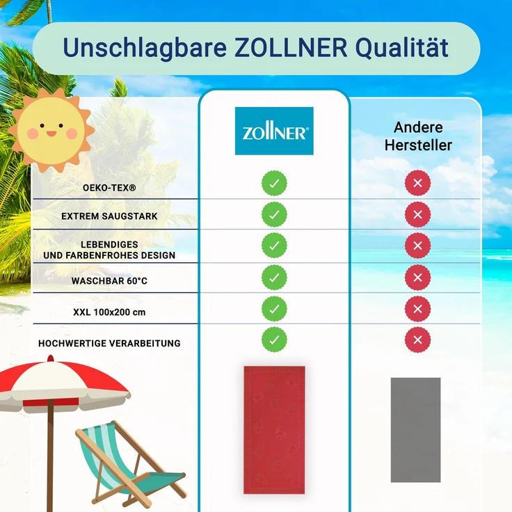 ZOLLNER Strandtuch XXL aus Baumwolle, 100x200 cm, rot mit Meerestiermotiven – Bild 5