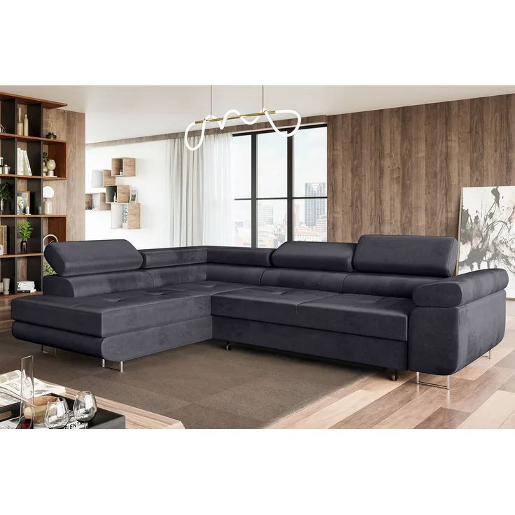 MEBLINI Schlafcouch mit Bettkasten - MALIBA - 277x203x63cm Links - Dunkelgrau Samt - Ecksofa mit Schlaffunktion - Sofa mit Relaxfunktion und Kopfstützen - Couch L-Form - Eckcouch - Wohnlandschaft