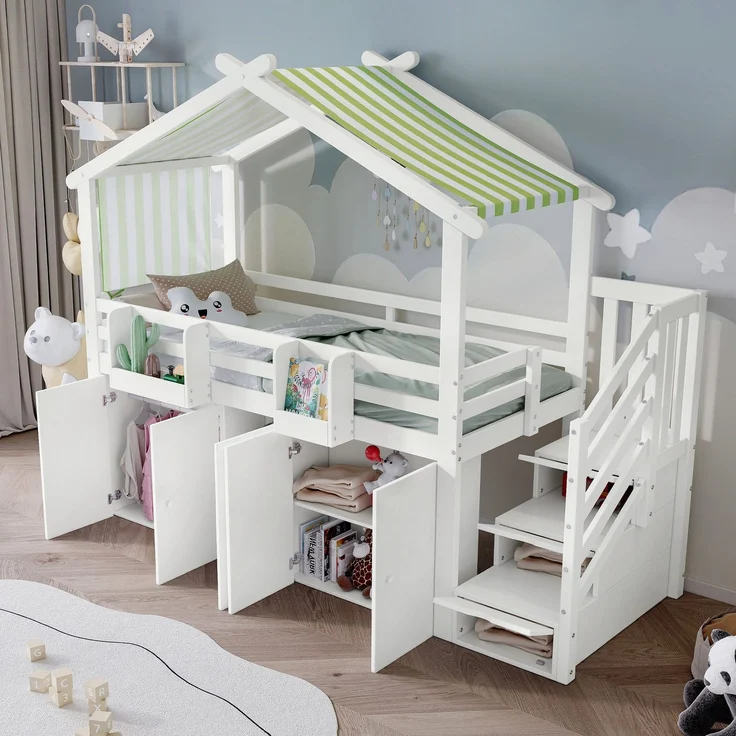 Hochbett mit Lattenrost, Kleiderschrank, Regal und Treppe, 90x200 cm, Hausbett, Kinderbett mit Rausfallschutz, Kiefer – Bild 3