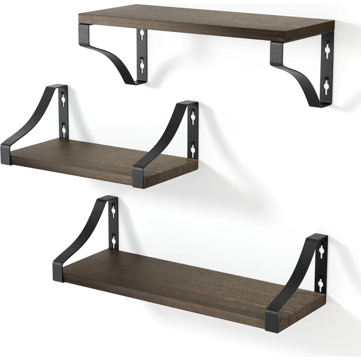 edihome, Wandregal, 3 Stück, Naturholz Wandregale, stufige, schwimmend, Dekoration, Ideal für Wohnzimmer, Schlafzimmer, Badezimmer (Dunkles Holz)