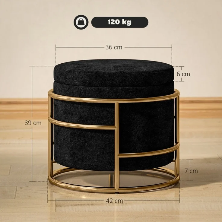 Hocker H 39 x T 42 x B 42 cm, schwarzer Polyester-Samt, Stauraum und goldfarbener Stahlrahmen, 1 Stück – Bild 5