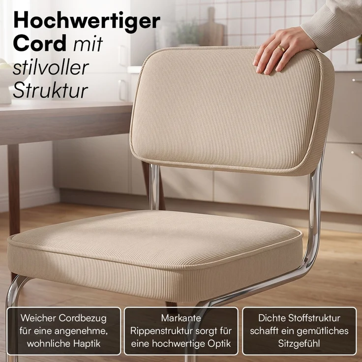 skølm 'Thund' Esszimmerstühle 6er Set, beige, Polsterstuhl aus Cord mit verchromten Metallgestell, Schwingstuhl bis 120 kg belastbar – Bild 7