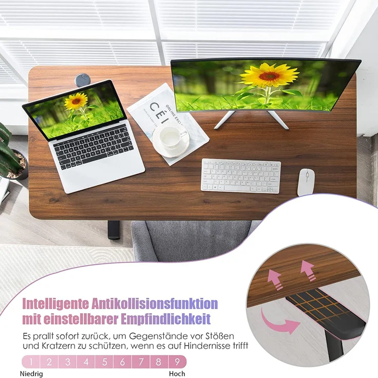 COSTWAY Elektrischer Stehschreibtisch h?henverstellbarer Schreibtisch Computertisch mit Memory-Steuerung 120x60x73-122cm Sitz-Steh-Schreibtisch für Zuhause & Büro Braun – Bild 4