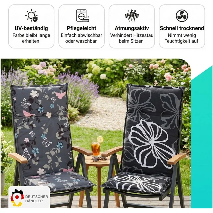 NYVI Hochlehnerauflage Hochlehner Auflagen 6er Set Barcelona - Gartenstuhlauflagen 118x50cm, (6 St), Stuhlauflage, Sitzauflage mit Halteband, UV-fest – Bild 2