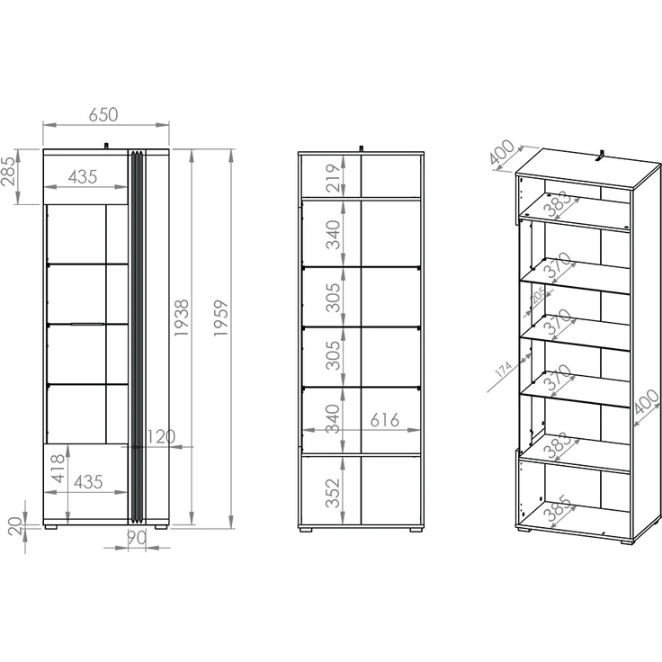 Vitrinenschrank Eiche Castello Nb. mit Hochglanz weiß AKRON-131 MDF Front mit edler Fräsung, B/H/T: ca. 65/196/42 cm – Bild 7