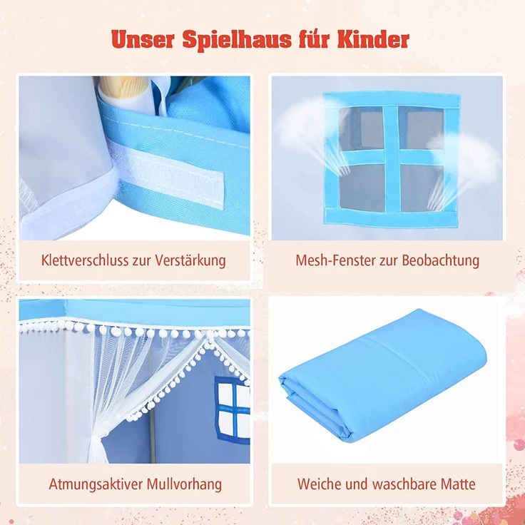 COSTWAY Prinzess Prinzessin Kinderzelt, Stoffzelt / Massivholzrahmen / Baumwolldecke blau, 120 x 105 x 140 cm – Bild 5