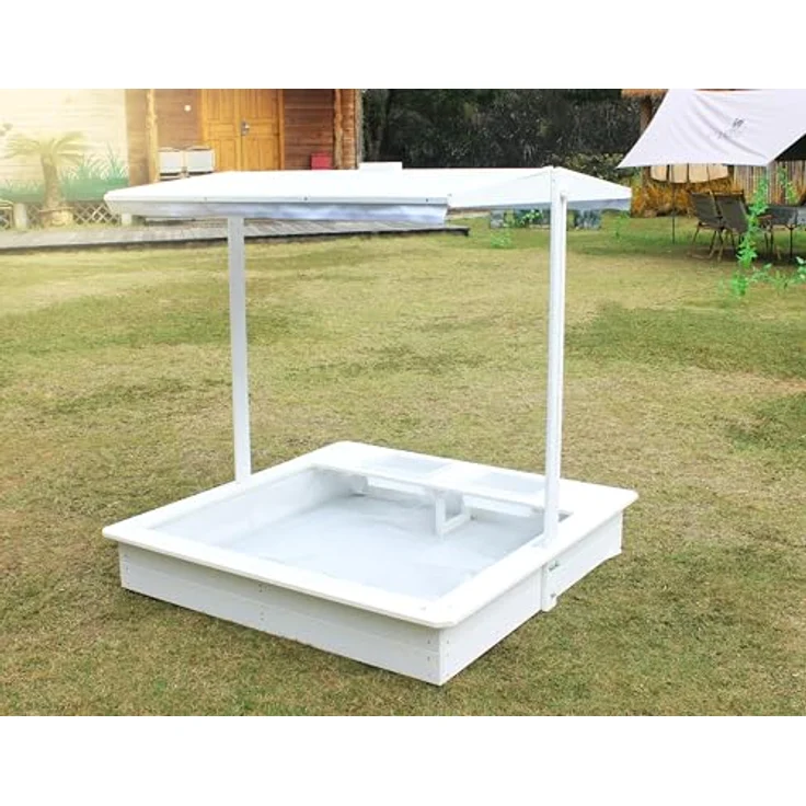 WONDERMAKE Sandkasten Holz mit Abdeckung, 2x Matschküche, 113x113 cm, quadratisch, weiß silber, wasserdicht, inkl. Boden-Vlies – Bild 7