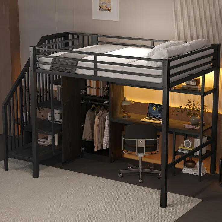 Hochbett, Metall mit Schreibtisch & Stauraumtreppe, Metall, Schwarz, 140 × 200 cm