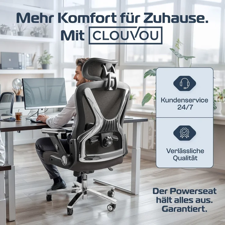 CLOUVOU PowerSeat, ergonomischer Bürostuhl, thermoregulative Materialien, 5D-Armlehnen, 3D-Kopfstütze, PhantomWheels, Anthrazit – Bild 7