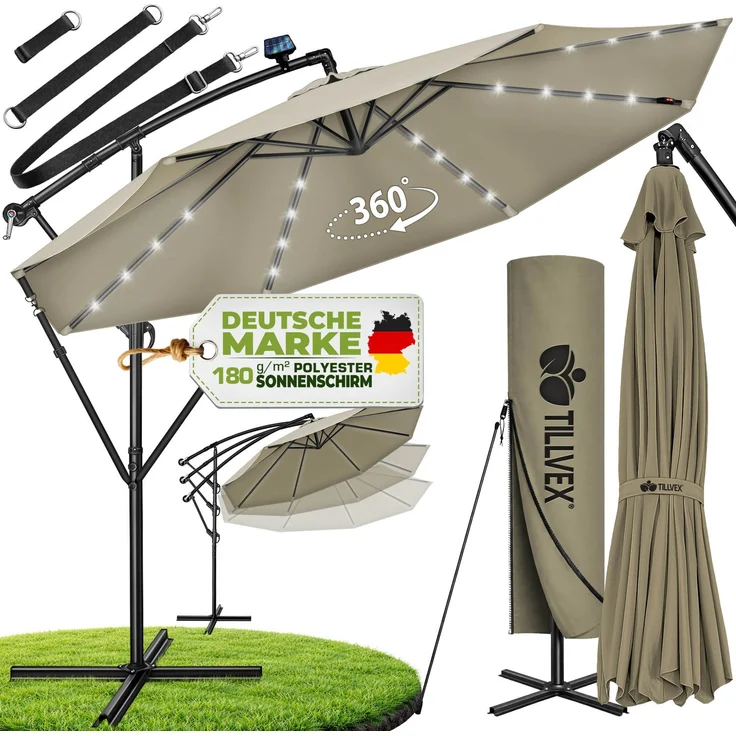 tillvex Alu Ampelschirm Braun LED Solar Ø 350 cm mit Kurbel | Sonnenschirm mit An-/Ausschalter | Gartenschirm UV-Schutz Aluminium | Kurbelschirm mit Ständer Marktschirm wasserdicht – Bild 1