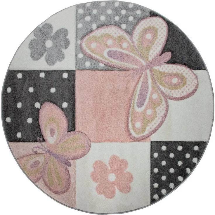 Paco Home Kinderteppich Cosmo 220, rund, Höhe: 18 mm, 3D-Design, Patchwork Muster, niedliches Motiv Schmetterlinge & Punkte