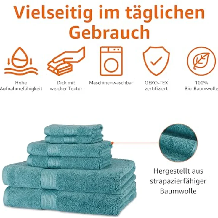 Amazon Basics Handtücher Set 6-teilig, 100% Bio-Baumwolle, ausbleichbeständig, weich, 2 Badetücher, 2 Handtücher, 2 Waschlappen, Blaugrün – Bild 2