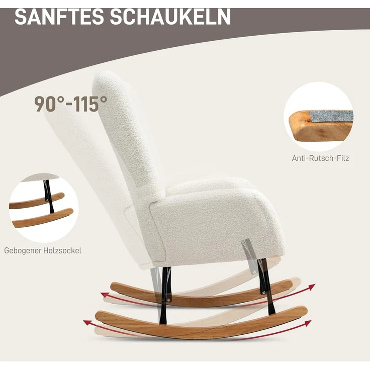 HOMCOM Schaukelstuhl Schaukelsessel mit Armlehne, Teddystoff-Optik (Relaxsessel Schwingsessel, 1 St), für Wohnzimmer, Schlafzimmer, Cremeweiß – Bild 4