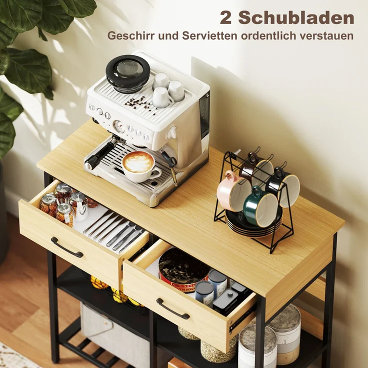 MELAYR, Sideboard, Kommode mit 2 Schubladen, 3 offenen Regalen Küchenschrankfür Küche, 90 x 40 x 91 cm, Naturholz – Bild 6