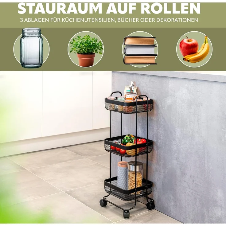eluno Servierwagen Rollwagen 3-stöckig, Küchenwagen aus schwarzem Metall – Bild 2