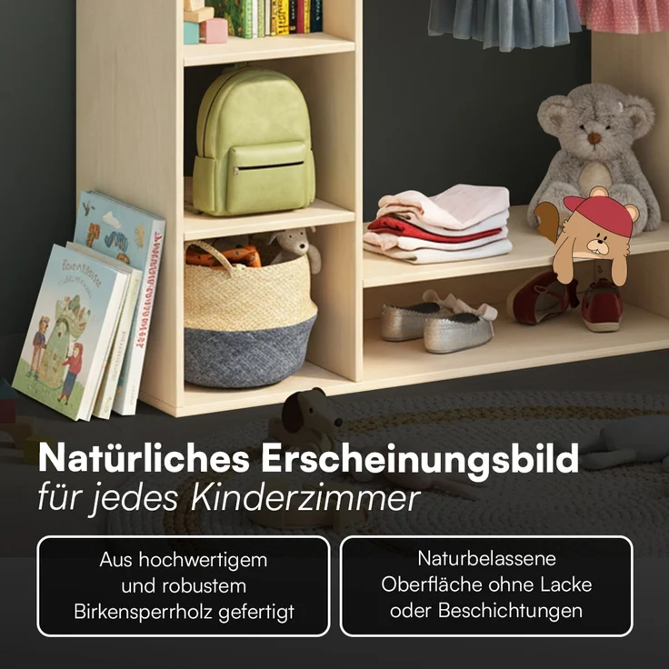 Bellabino 'Tea' Kindergarderobe, natur unbehandelt, Sperrholz Birke, 114x40x105 cm, Kinderkleiderschrank mit Kleiderstange und 6 Ablagefächern – Bild 5
