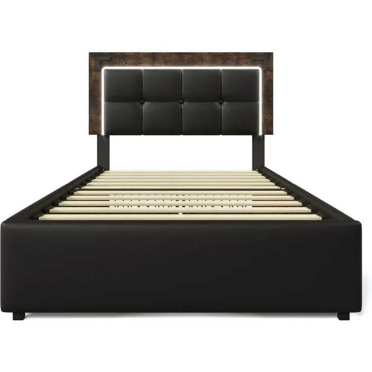 Merax Polsterbett, mit LED-Beleuchtungsleiste und 4 Schubladen, Höhenverstellbares Kopfteil, Funktionsbett, Ohne Matratze, PU Schwarz/Grau, 90x200cm – Bild 9