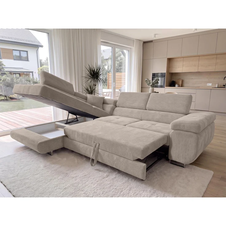 AX LIVING Konak Cord-Schlafsofa L in Beige 276 cm breit, Bettkasten, Kopfstützen – Bild 3