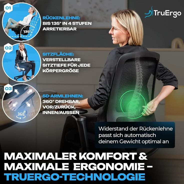 VALKENSTOL M4 Armstütze - Bürostuhl ergonomisch - 5 Jahre Garantie - 5D Armlehnen - verstellbare Sitztiefe - Schreibtischstuhl mit Gummirollen – Bild 3